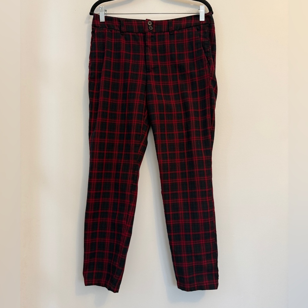 H&M L.O.G.G. Navy Red Plaid Trousers Straight Leg Pants Size 8 - Picture 3 of 12